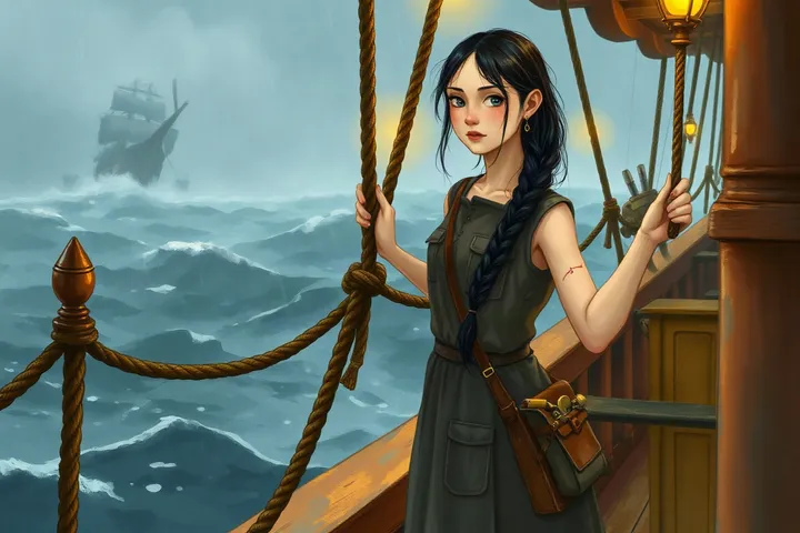 Alira junto à amurada da fragata, segurando o cordame, com o mar revolto à frente