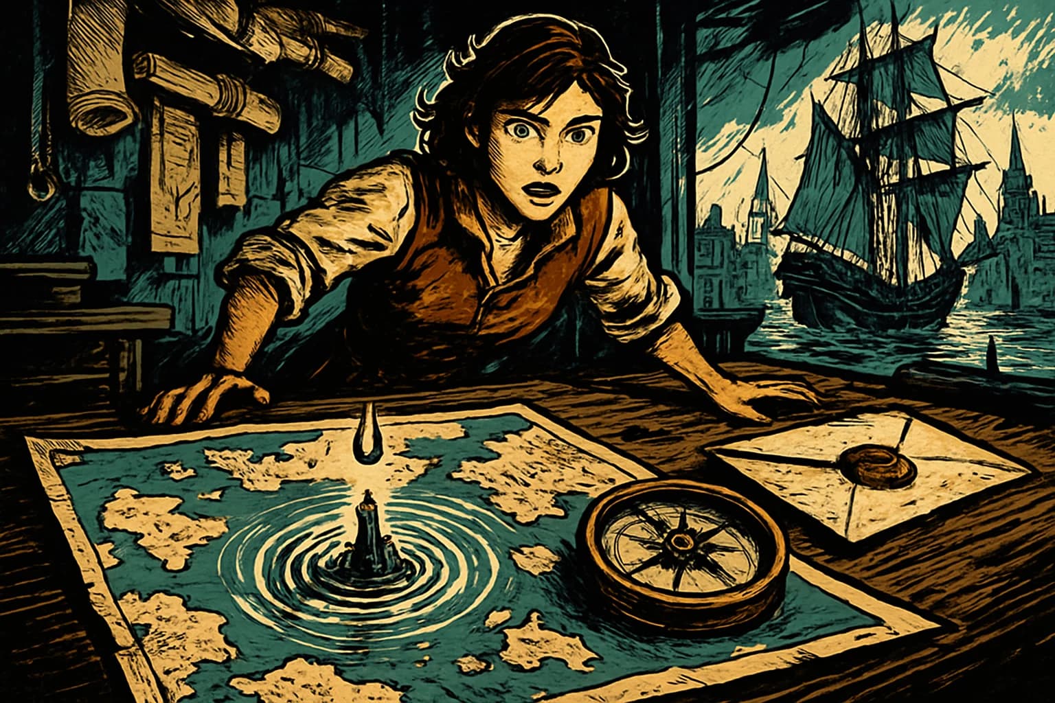 Composition like a graphic novel spread: foreground fills with a large open antique map of an archipelago, a ghostly circular island with a tower emerging where a drop of water lands, a brass compass and a wax-sealed letter beside it. Middle distance shows Alira leaning over the desk with an astonished expression, workshop walls behind her hung with scrolls and cartographer's tools. High-contrast ink work, sharp black shadows, dynamic linework