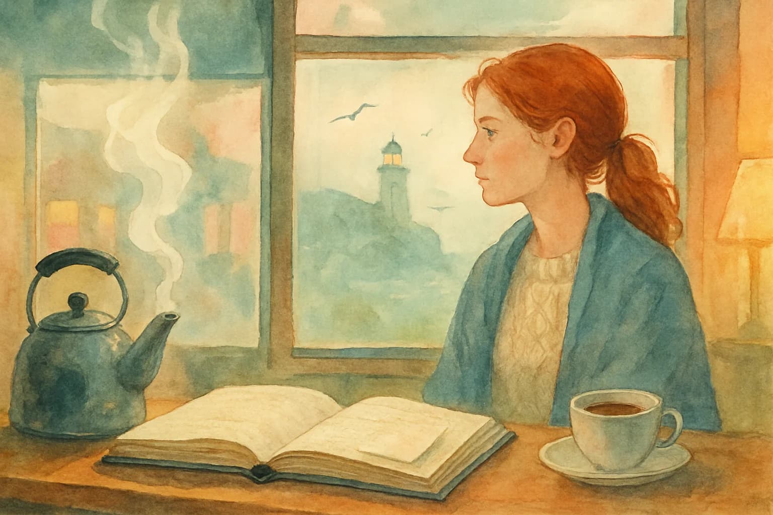 Interior of a small tea room, close foreground composition: steam rising from a kettle on a wooden counter next to an open guest book with a loose paper tucked between pages, a cup of tea beside it. Mid-ground shows large shop windows, and beyond the blurred glass a layer of fog and the distant silhouette of a lighthouse with gulls. Soft morning light, watercolor technique