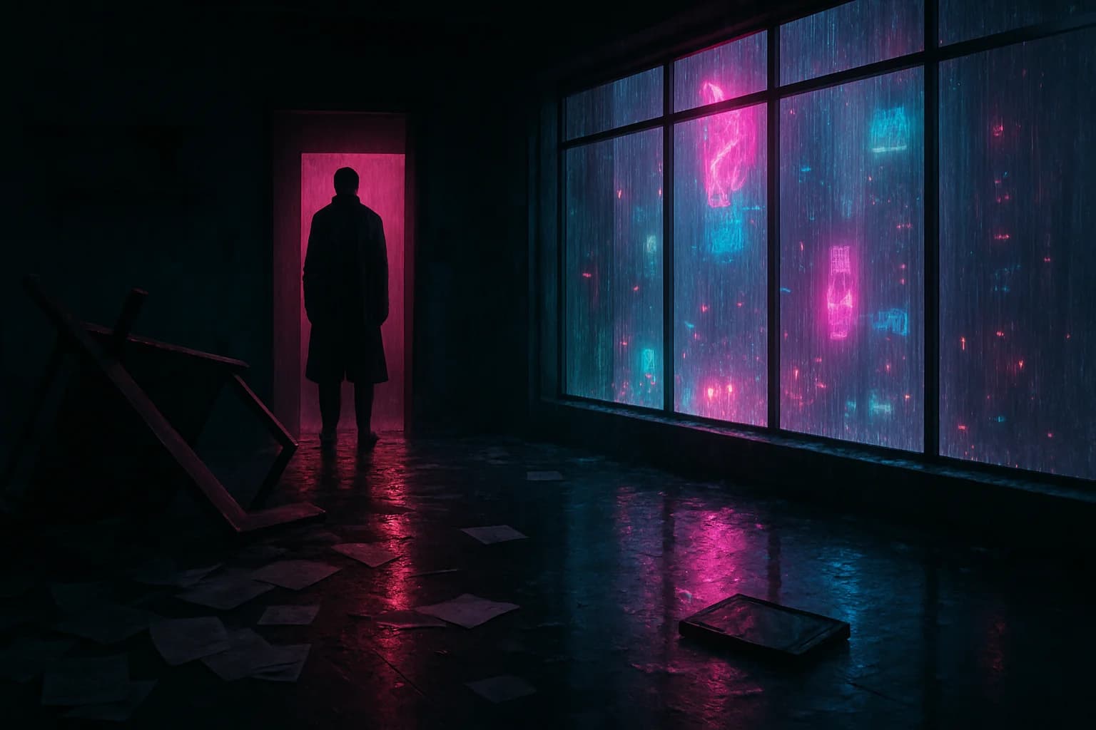 Wide establishing shot of a ransacked 39th-floor loft: an overturned desk and scattered papers dominate the foreground, Kai stands small in deep silhouette at an open doorway in the back of the frame, floor-to-ceiling windows on the right with neon city glow cutting through heavy rain, a smashed datapad on the wet floor, composition heavy with environmental storytelling rather than centered character